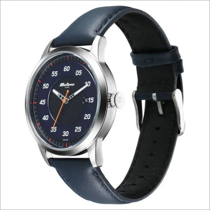 a watch with a black leather strap