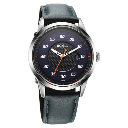 a watch with a blue face and orange hands