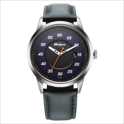 a watch with a blue face and orange hands