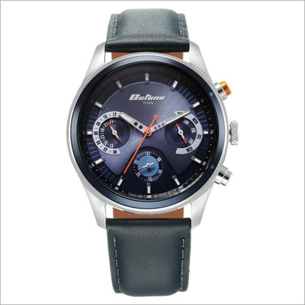 a watch with a blue dial and black leather strap
