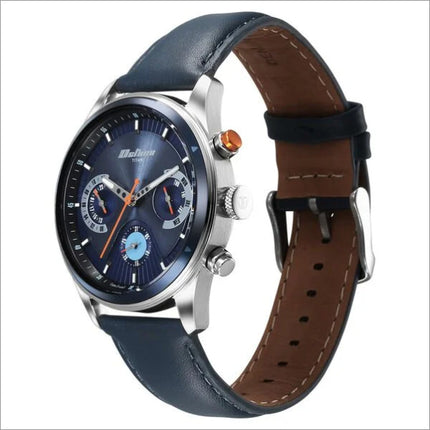 a blue watch with a brown leather strap