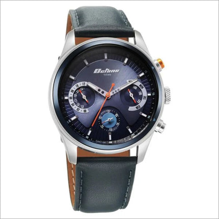 a watch with a blue dial and brown leather strap