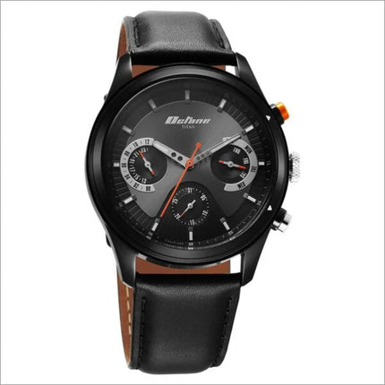 a black watch with orange hands on a white background