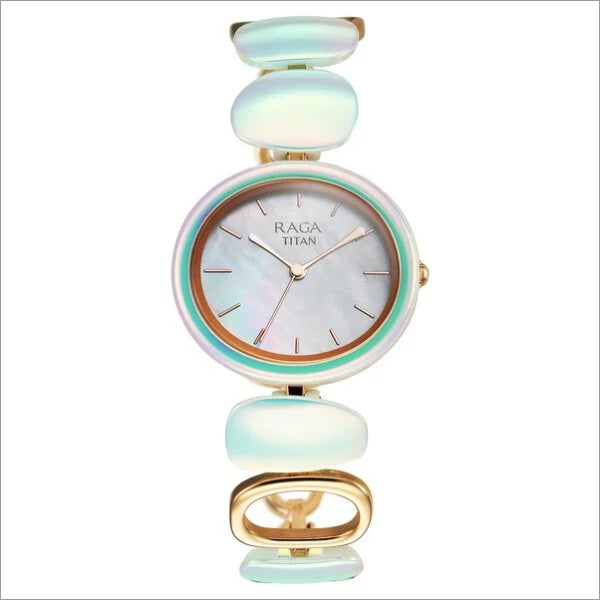 Titan Raga Ceramics Women's Quartz Analog Watch featuring a stylish mother of pearl dial with iridescent ceramic strap.