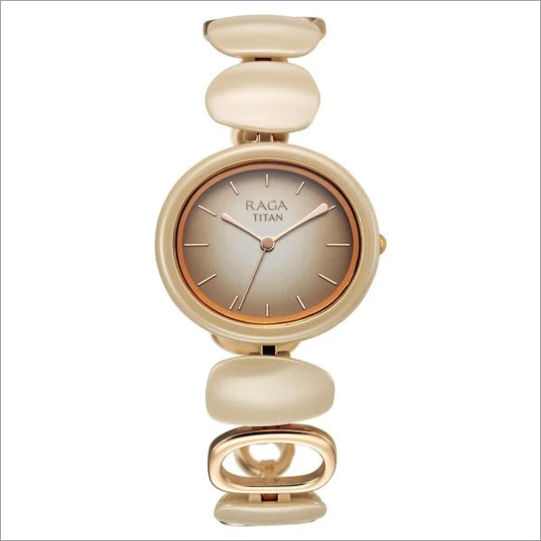 Titan Raga Ceramics Quartz Analog Beige Dial Metal Strap