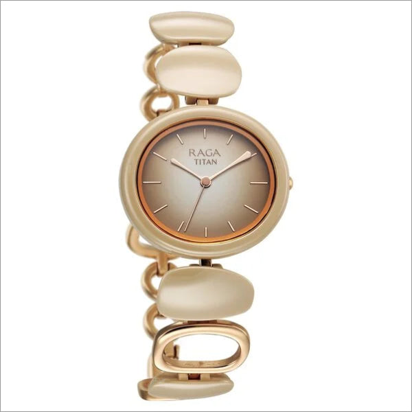 Titan Raga Ceramics Quartz Analog Beige Dial Metal Strap