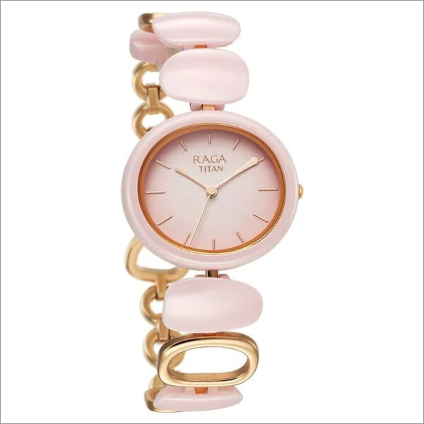 Side view of a Titan Raga Ceramics Quartz Analog watch showcasing its pink ceramic strap and gold-tone metal links.
