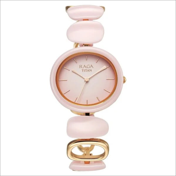 Titan Raga Ceramics Quartz Analog watch for women featuring a pink dial with gold accents and a ceramic strap.