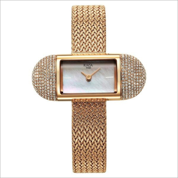 Close-up view of Titan Raga Memoirs watch highlighting the rectangular mother of pearl dial and sparkling accents on the rose gold metal strap.