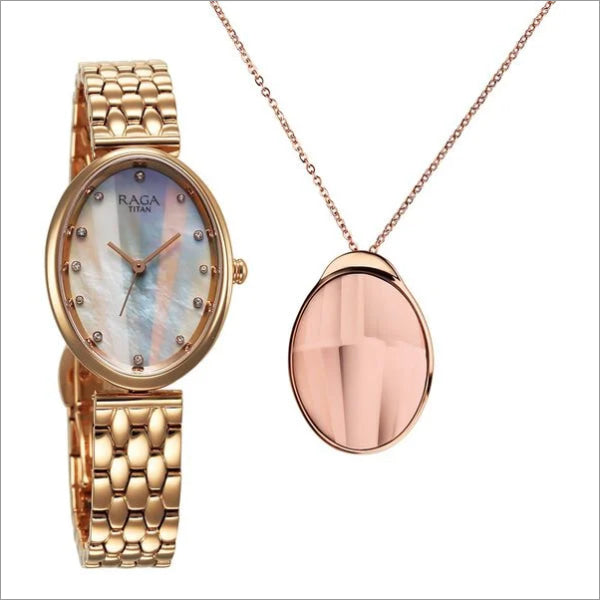 Titan Raga Memoirs women's quartz analog watch with a mother-of-pearl dial and rose gold metal strap, paired with a matching rose gold pendant necklace.