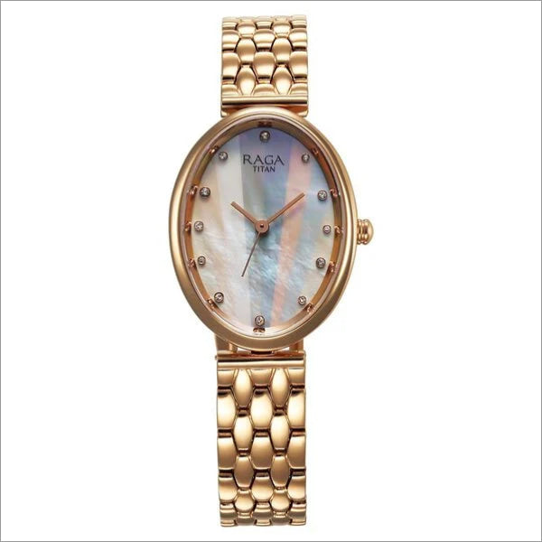 Close-up view of the Titan Raga Memoirs women's watch featuring an oval mother-of-pearl dial and a rose gold strap.