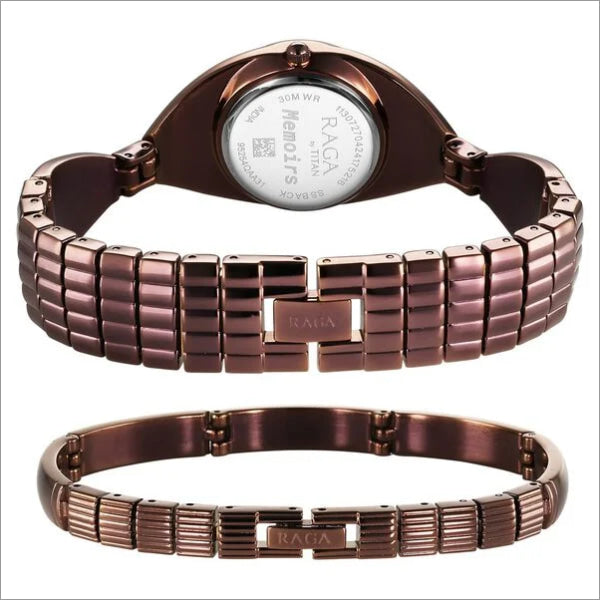 Titan Raga Memoirs watch featuring a stylish brown metal strap and a mother of pearl dial. The back of the watch displays water resistance details.