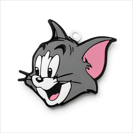 Gray enamel tom face keychain featuring smiling tom from tom and jerry with pink inner ear and white facial details
