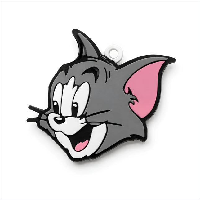 Gray enamel tom face keychain featuring smiling tom from tom and jerry with pink inner ear and white facial details
