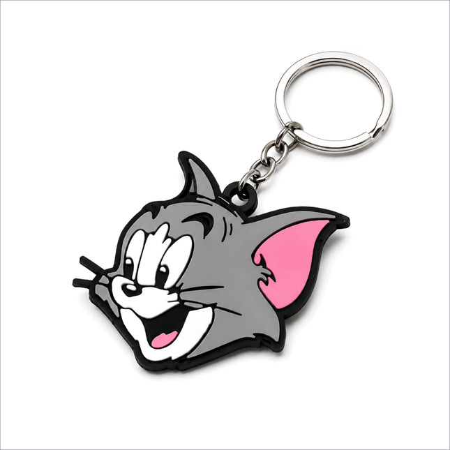 Gray tom from tom and jerry keychain with pink inner ears black outline and silver metal ring perfect for korean skin care bags