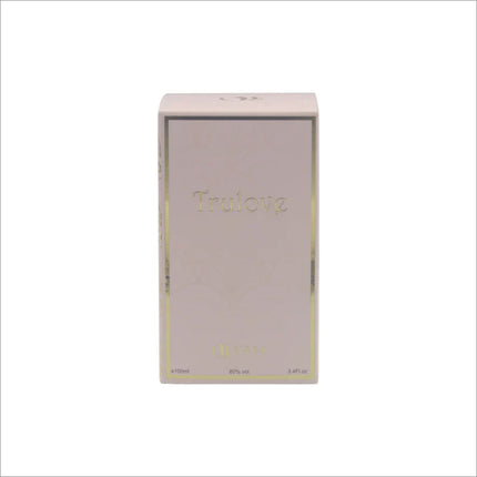 Front view of the Trulove EDP box, featuring the brand name and product details in gold text on a soft pink background.