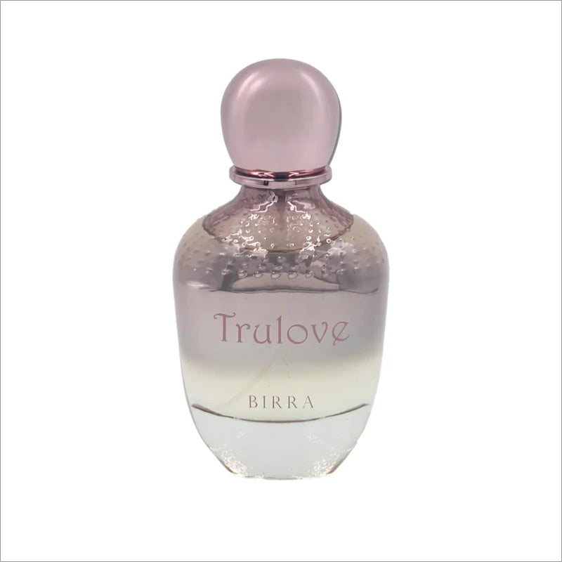 Trulove EDP 100ml bottle by BIRRA, featuring a stylish, elegant design with a round light pink cap and a smooth gradient from clear to light pink in the bottle.