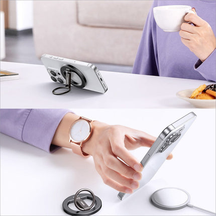 Silver magnetic phone kickstand grip ring with black base and adjustable band by ugreen lp705 for portable use