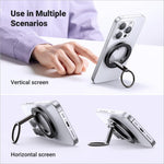 Silver magnetic phone back kickstand grip ring holder with black accents for vertical or horizontal use ugreen lp705