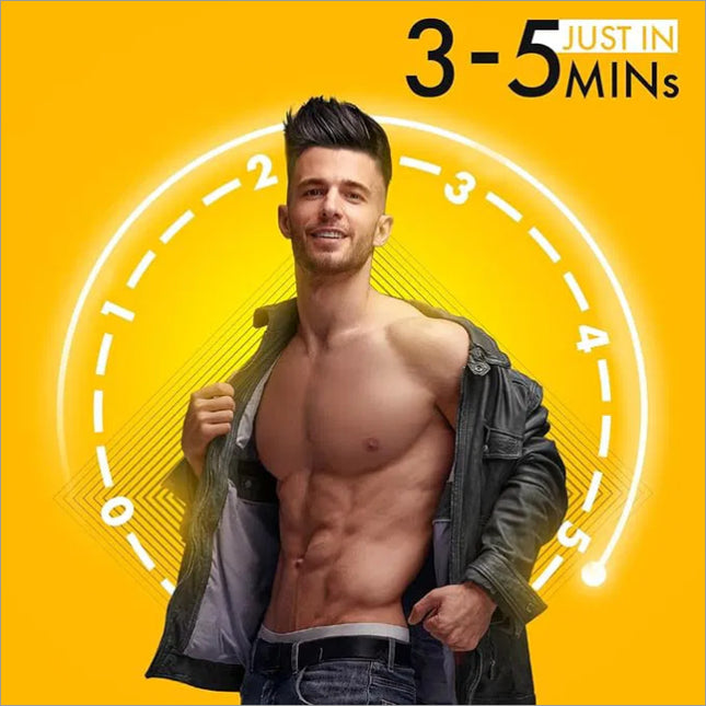 Application of Urban Gabru Hair Removal Cream Spray for Men, highlighting its painless formula and quick 3-5 minute action.