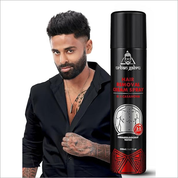 Urban Gabru Hair Removal Cream Spray for Men - Painless, 3-5 Min Casanova, featuring Aloe Vera & Lemon for effective hair removal.