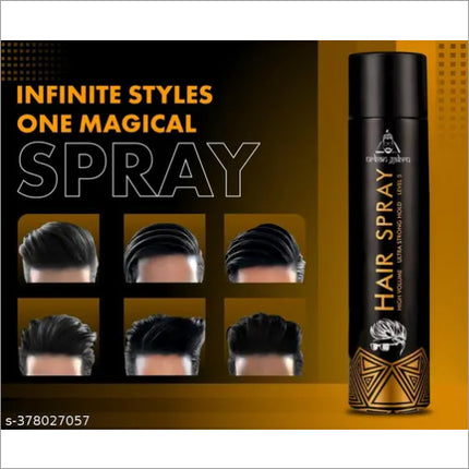 Urban Garbu High Volume Hair Spray Level 5 – Mega Hold, No Crunch with a backdrop of hair salon tools, illustrating its professional quality and effectiveness.