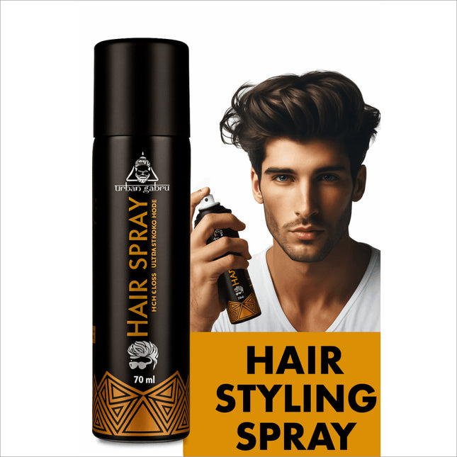 Urban Garbu High Volume Hair Spray Level 5 – Mega Hold, No Crunch packaging featuring a stylish design for salon-level volume and frizz control.