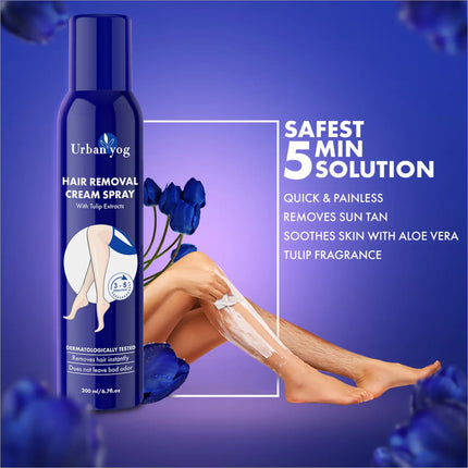 UrbanYog Hair Removal Cream Spray for Women 200ml, showcasing the product's refreshing tulip scent and painless hair removal for women.