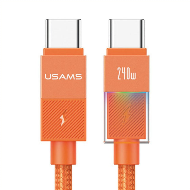 Orange usams sj775 u93 240w fast charging braided usb-c cable with rainbow led light strip for fast charging and data sync