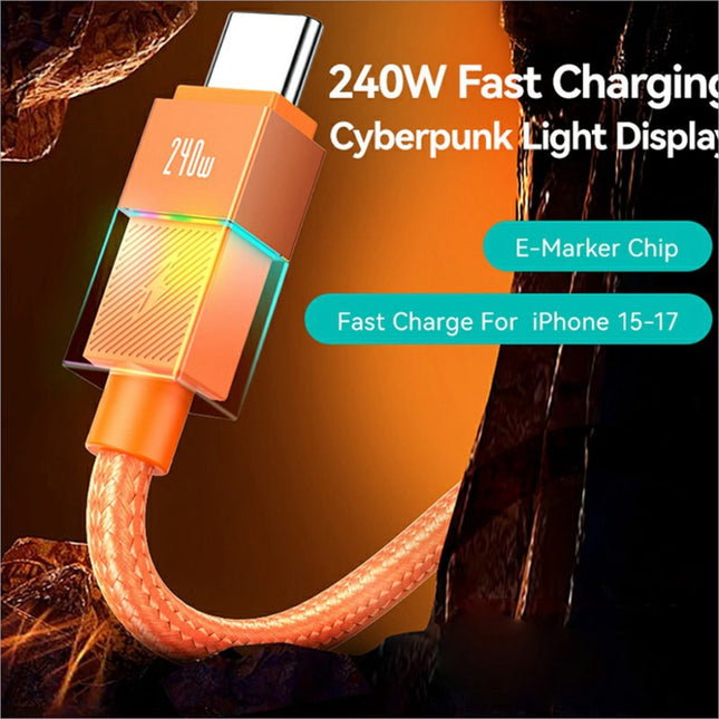Orange braided usams sj775 u93 usb-c cable with 240w fast charging and colorful cyberpunk light display