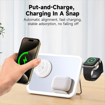 White rectangular wireless charger stand with magnetic alignment for fast charging smartphones smartwatches and earbuds