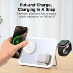 White rectangular wireless charger stand with magnetic alignment for fast charging smartphones smartwatches and earbuds