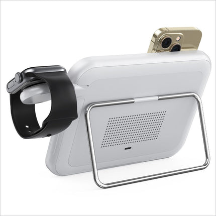 White tablet stand with silver metal frame and black watch holder for v22 3-in-1 wireless charger with skincare use