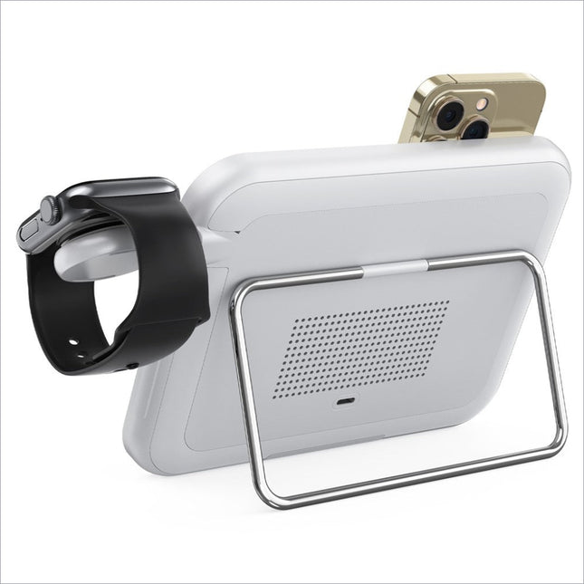 White tablet stand with silver metal frame and black watch holder for v22 3-in-1 wireless charger with skincare use
