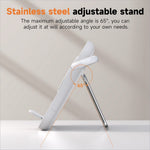 White stainless steel adjustable stand for v22 wireless charger supports smartphones at 65 degrees with skin care use