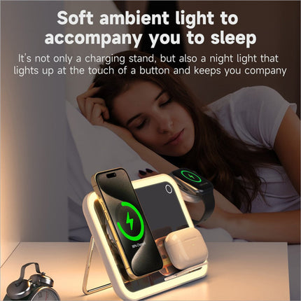 White v22 3-in-1 wireless charger with led makeup mirror and night light charges smartphone, smartwatch, and earbuds