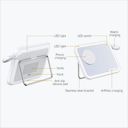 White v22 3-in-1 wireless charger with led makeup mirror night light stainless steel bracket for skin care and perfume