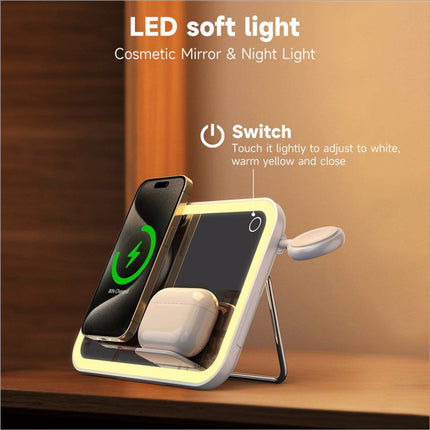 V22 sleek white and silver led makeup mirror with wireless charger for smartphone earbuds and adjustable skin care light