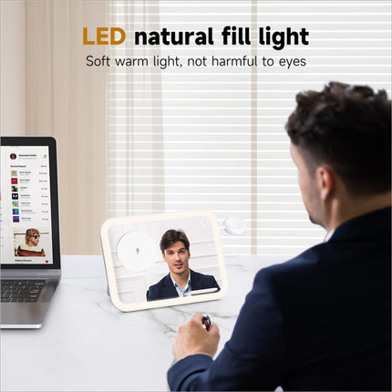 White rectangular led desk lamp with circular wireless charger pad and warm light for skin care and perfume use