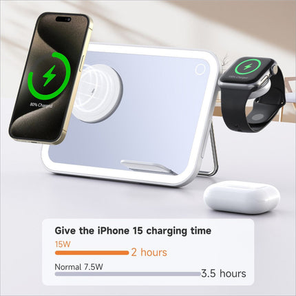 White rectangular wireless charger with magnetic pad and adjustable stand for smartphone skin care and perfume accessories