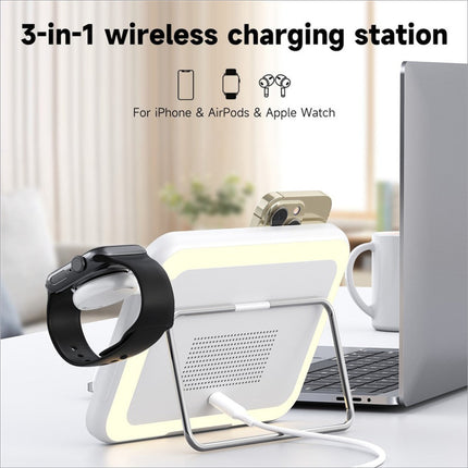 White and silver v22 3-in-1 wireless charger with sleek stand design for iphone airpods apple watch and skincare use