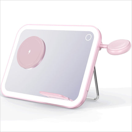 Pink led-lit vanity mirror with wireless charger and adjustable side light for skin care and perfume display