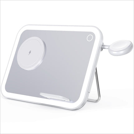 White rectangular vanity mirror with led lighting wireless charger and side night light for skin care and perfume use