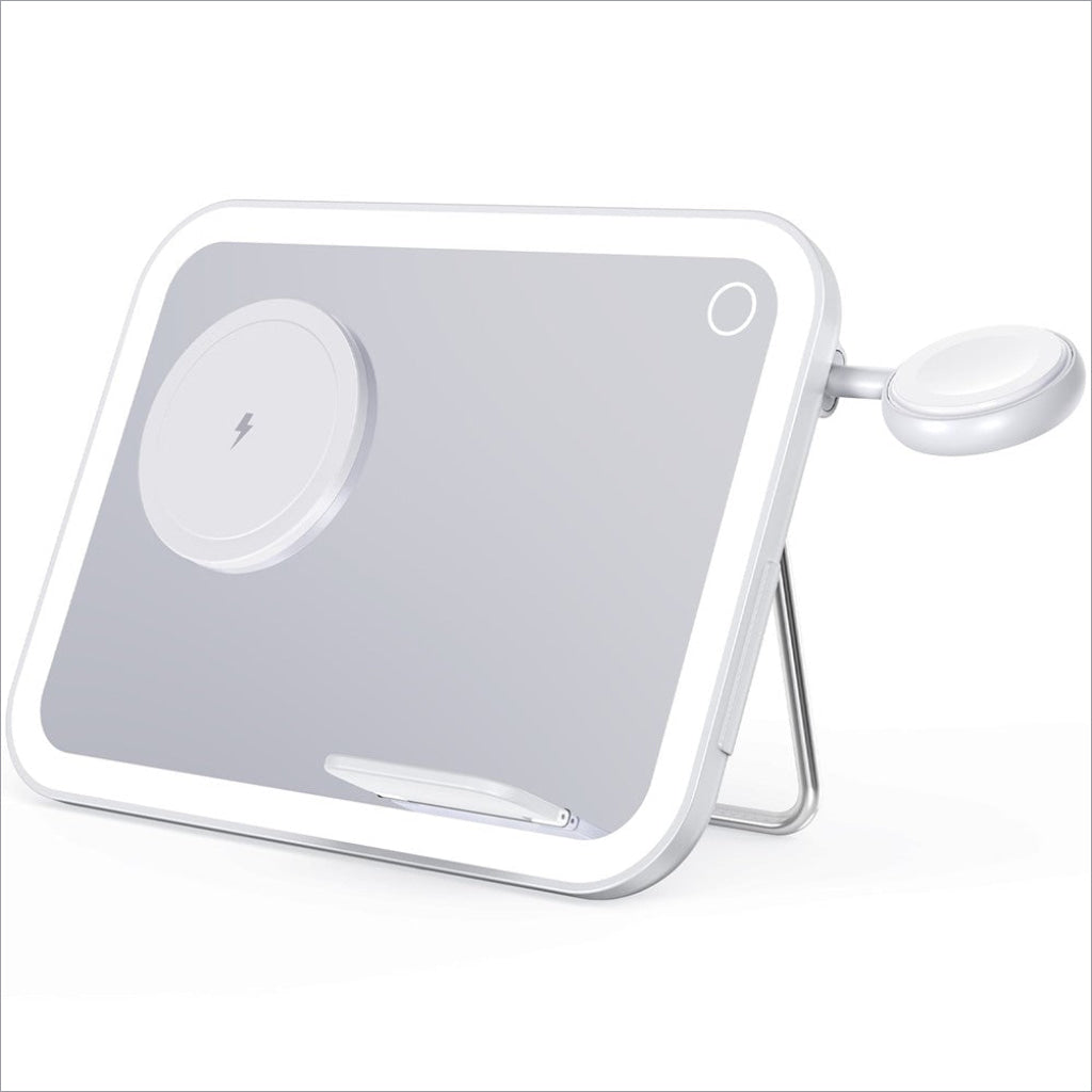 White rectangular vanity mirror with led lighting wireless charger and side night light for skin care and perfume use