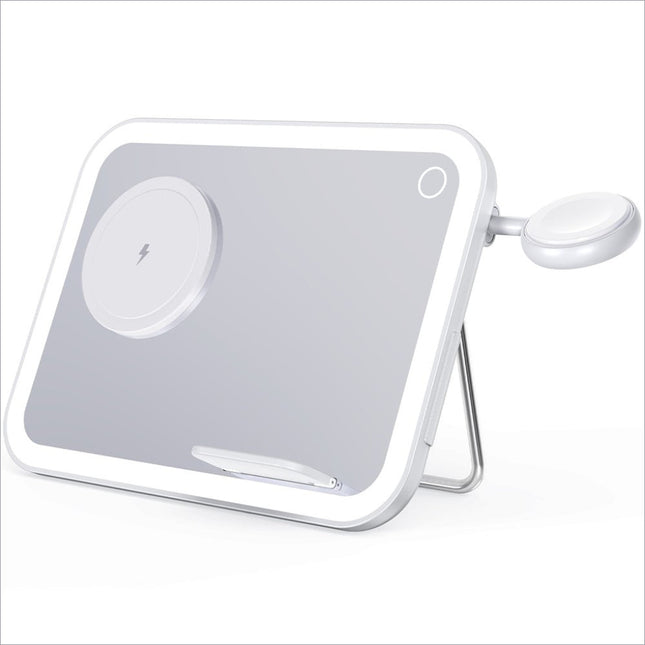 White rectangular vanity mirror with led lighting wireless charger and side night light for skin care and perfume use