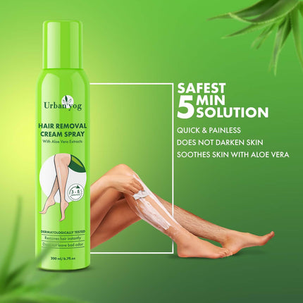 Urban Yog Hair Removal Cream Spray For Women Aloe Vera 200 ml, combines glycerine and aloe for moisturizing and softening skin after hair removal.