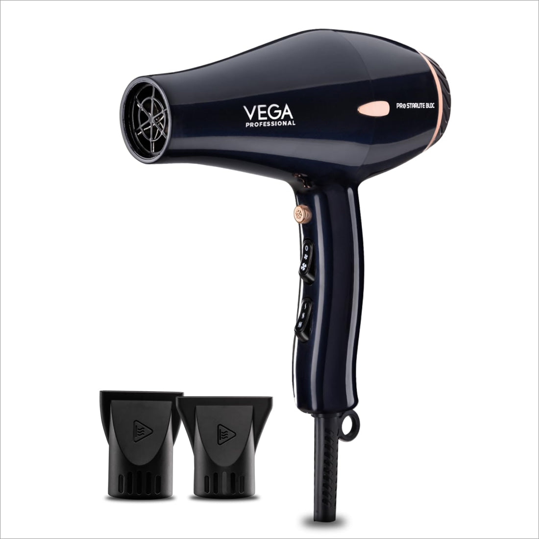 a black hair dryer sitting next to two black cups