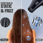 two pictures of a woman using a hair dryer