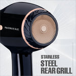 a close up of a black hair dryer on a white background
