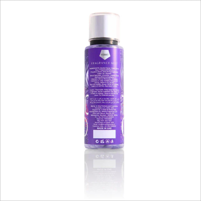 Back view of the Verdict Body Mist by BIRRA showcasing detailed product information and ingredient list. The purple canister retains its tropical theme, offering insights into usage and safety instructions.